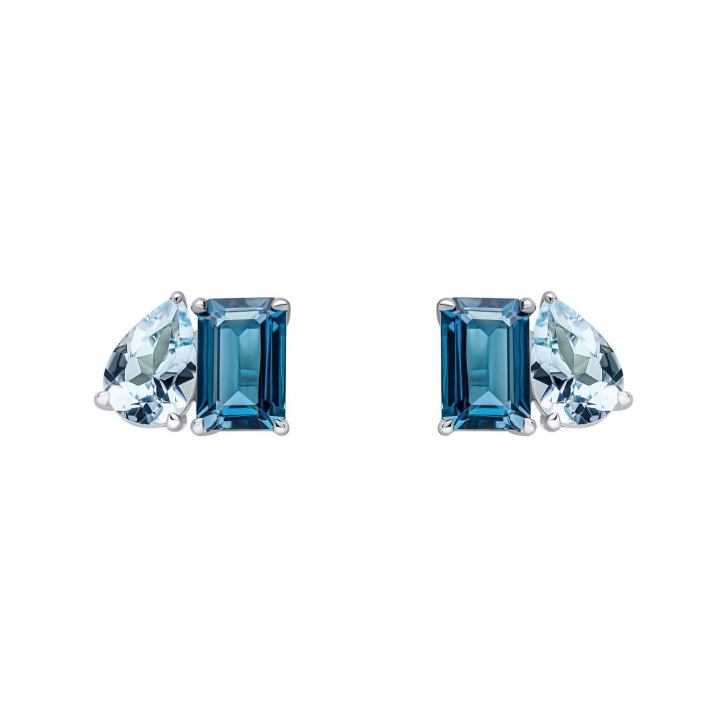 2 Stone Blue Topaz Stud Earrings 9ct White Gold 375 Hallmarked British Made