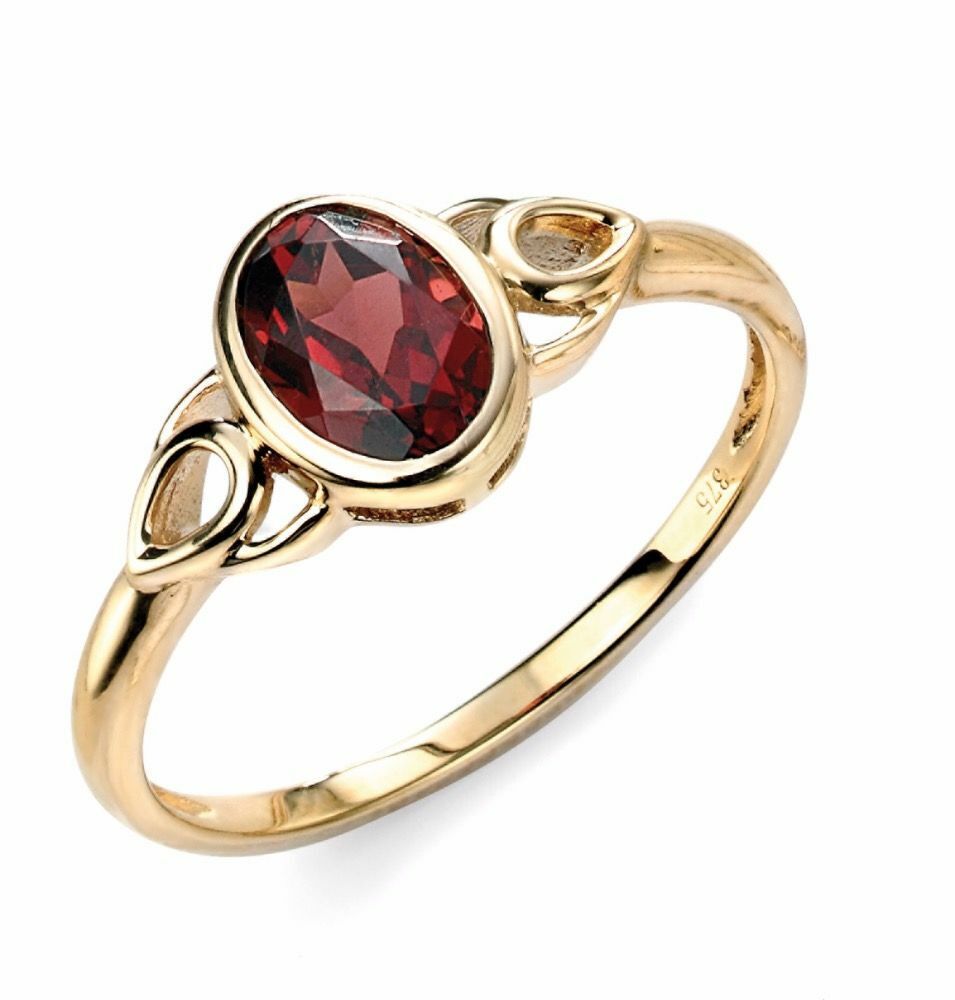 9ct Yellow Gold Garnet Celtic Ring Sizes L - Q British Made Brand New Boxed