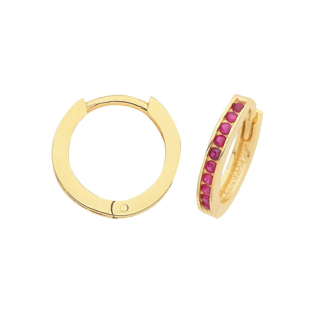 9ct Yellow Gold Ruby Hoop Earrings British Made 375 Hallmark Brand New Boxed
