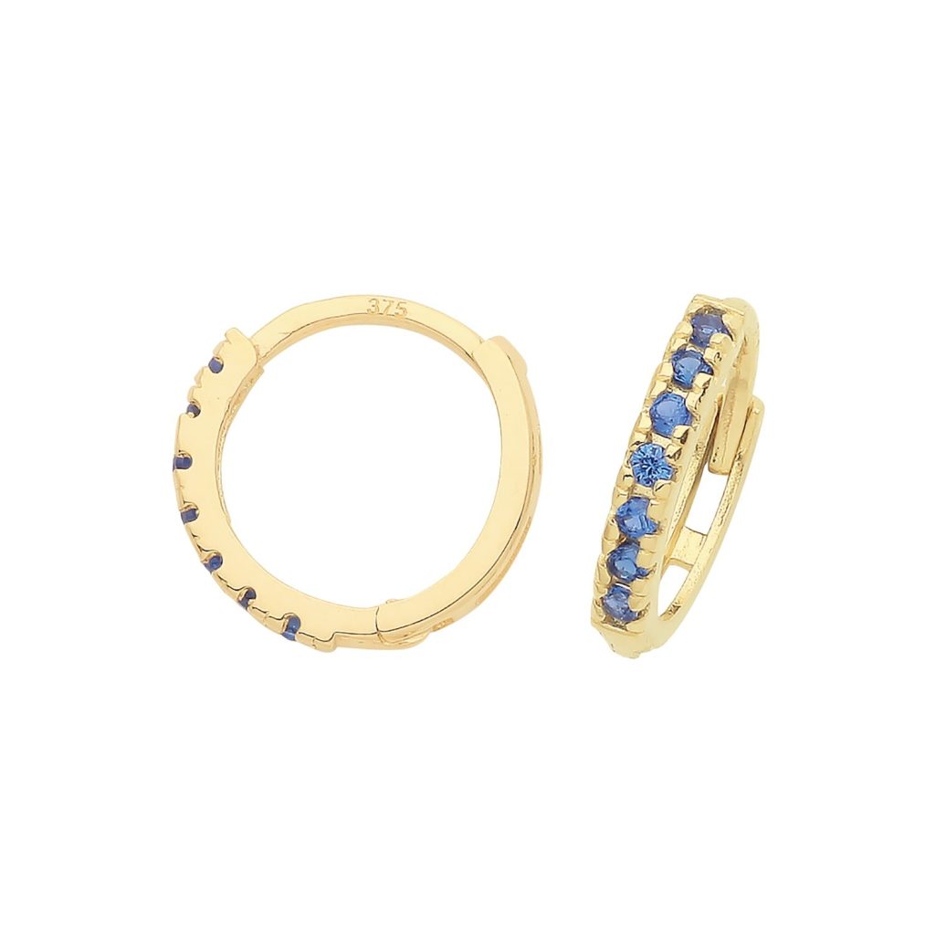 9ct Yellow Gold Sapphire Hoop Earrings British Made 375 Hallmark Brand New Boxed