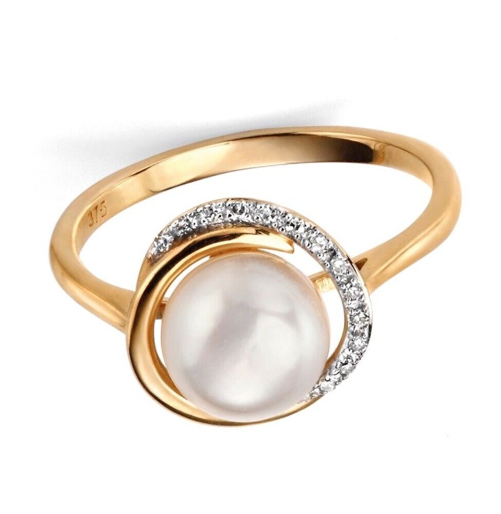 Button Pearl & Diamond Wave Ring 375 Hallmarked Brand New Sizes L - Q