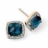 Checkerboard London Blue Topaz Earrings with Diamond in 9ct Yellow Gold