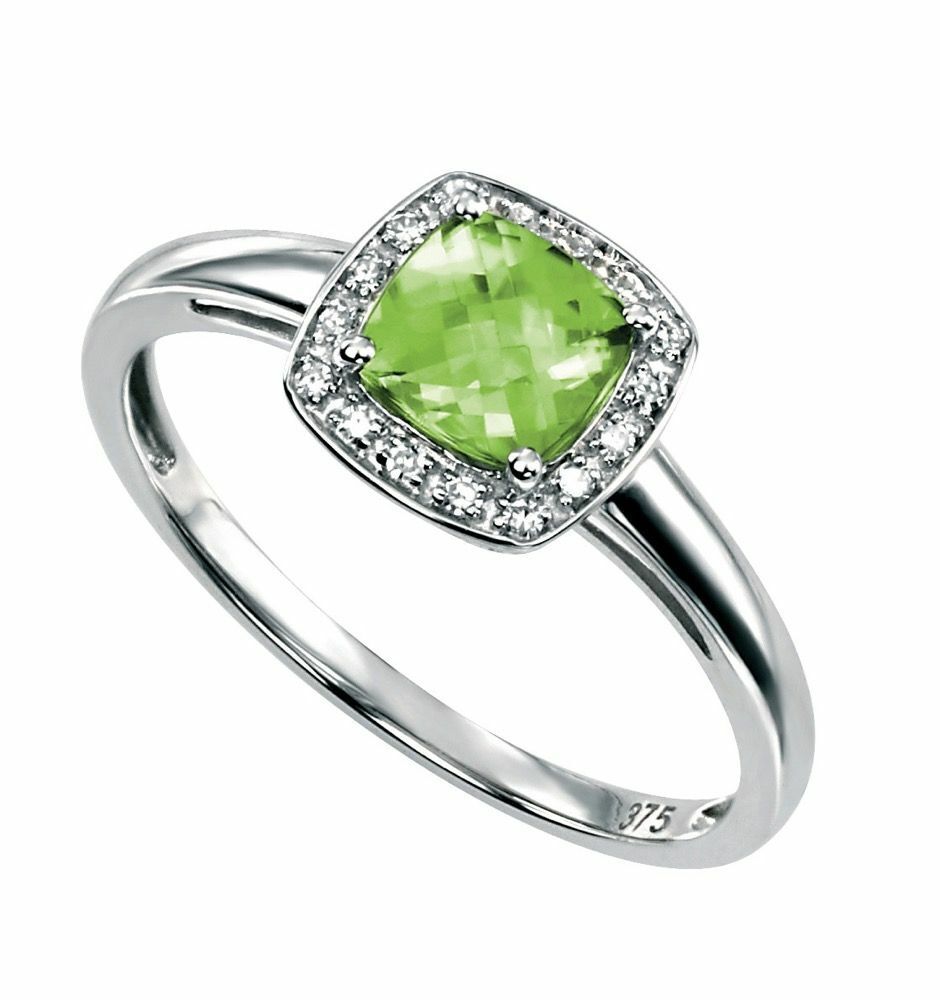 Cushion Cut Natural Peridot Ring with Diamond Surround in 9ct Yellow Gold