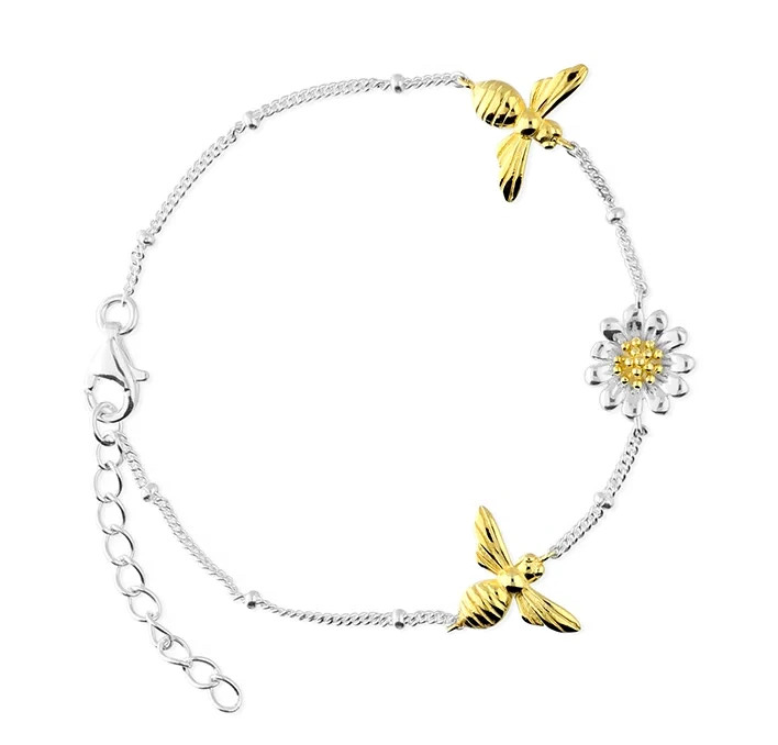Daisy And Bee Bracelet 18ct Gold On Sterling Silver Hallmarked Adjustable