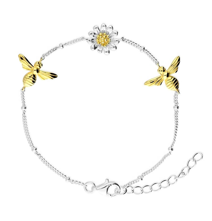 Daisy And Bee Bracelet 18ct Gold On Sterling Silver Hallmarked Adjustable