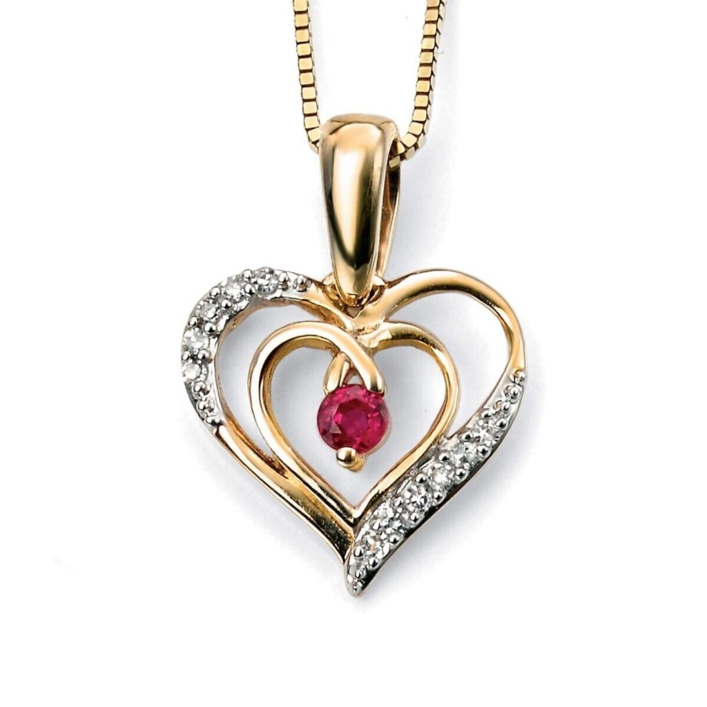 Heart Ruby and Diamond Pendant 9ct Yellow Gold 375 Hallmarked British Made