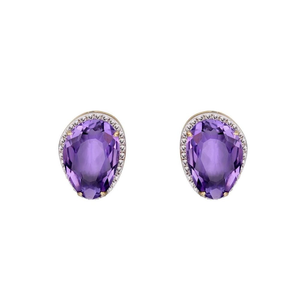 Irregular Shaped Amethyst Stud Earrings With Diamonds in 9ct Yellow Gold