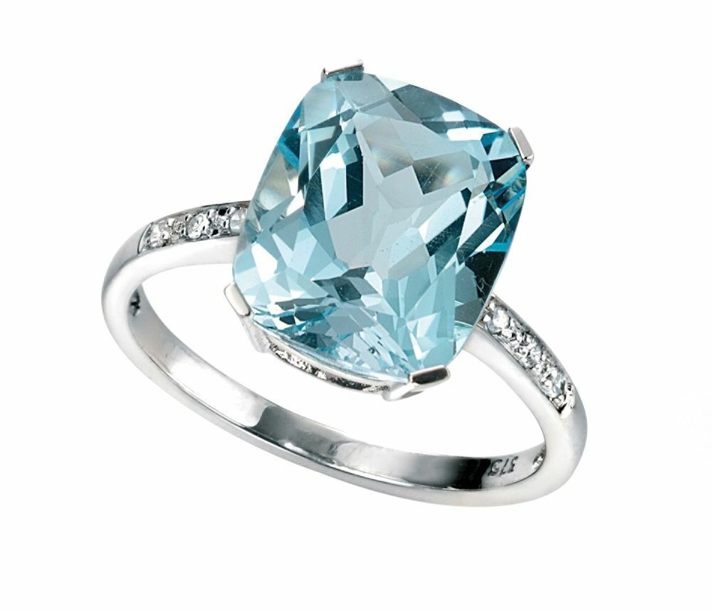 Natural Blue Topaz & Diamond Statement Ring 9ct White Gold Sizes L - Q
