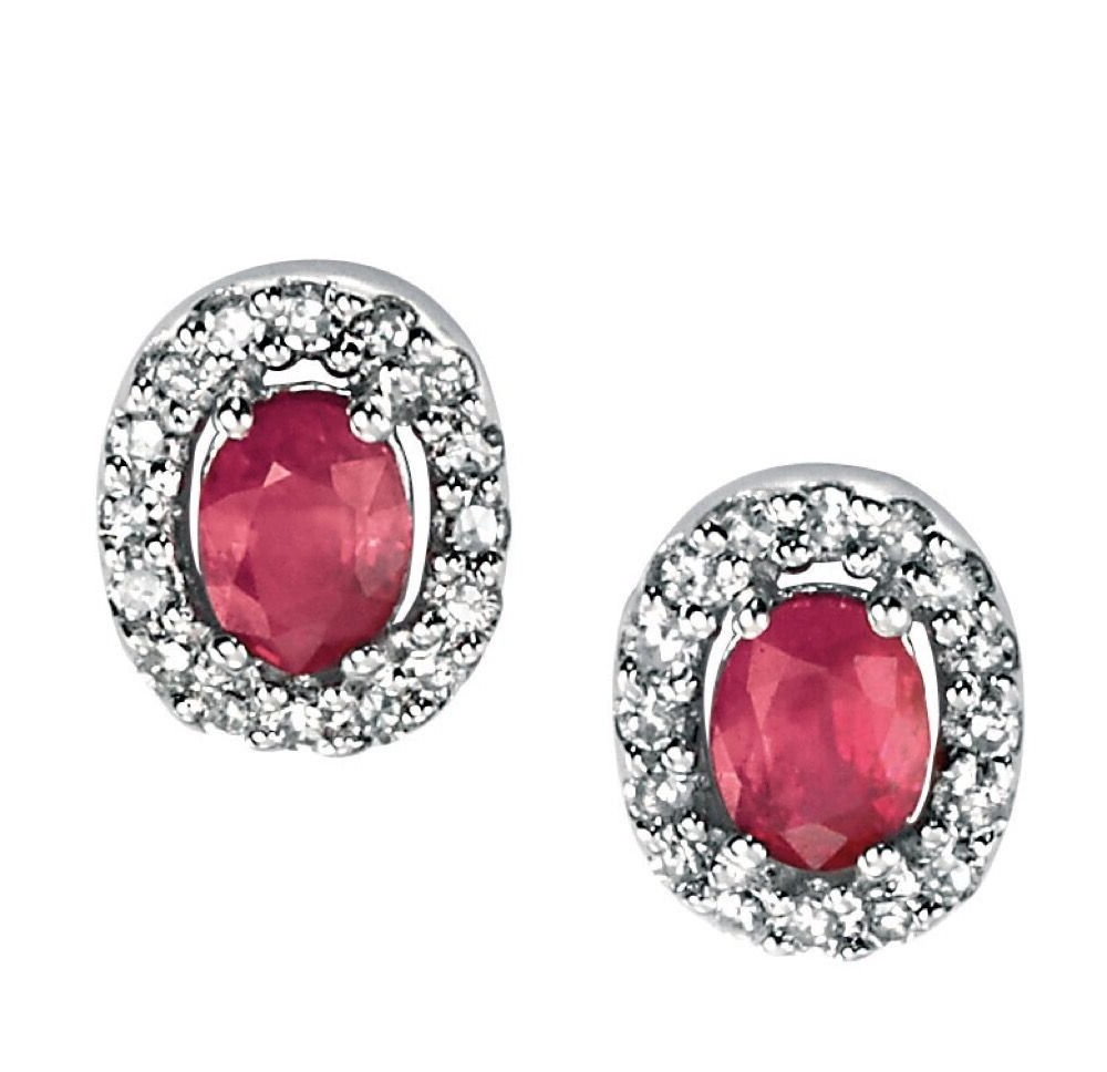 Natural Ruby Earrings with Diamond Cluster Surround in 9ct White Gold Brand New