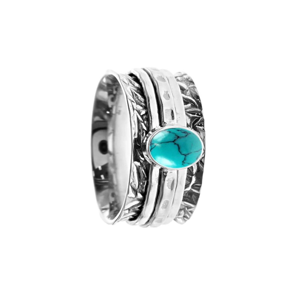 Oval Turquoise Textured Spinner Ring Sterling Silver 925 Hallmarked Size K - T