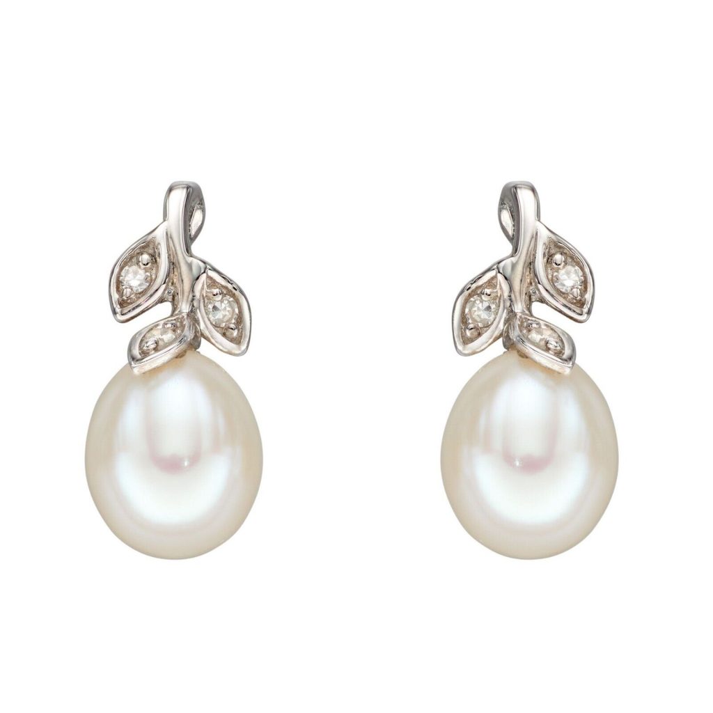 Pearl And Diamond Stud Earrings British Made 9ct White Gold 375 Hallmarked