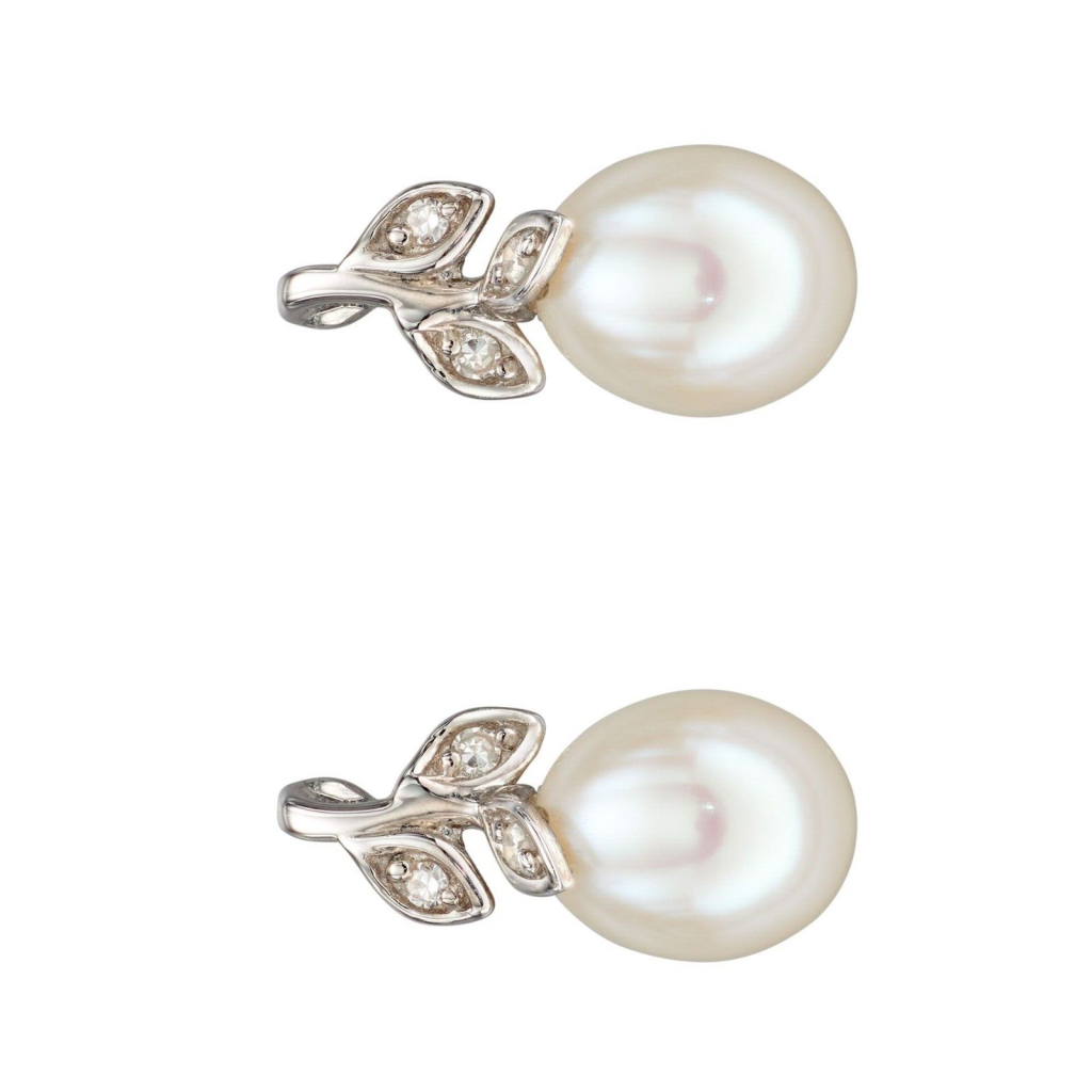 Pearl And Diamond Stud Earrings British Made 9ct White Gold 375 Hallmarked