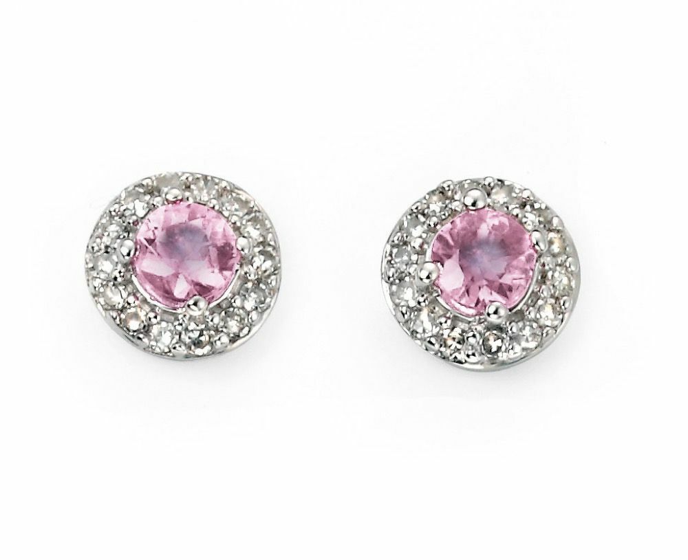 Pink Sapphire Earrings with Diamond Surround in 9ct White Gold British Made