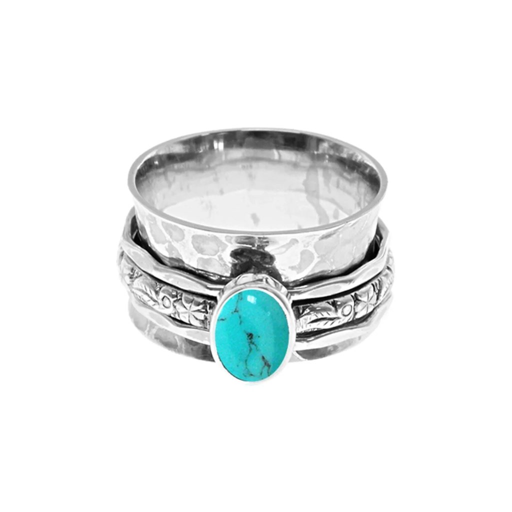 Triple Floral Turquoise Spinner Ring Sterling Silver 925 Hallmarked Size K - T