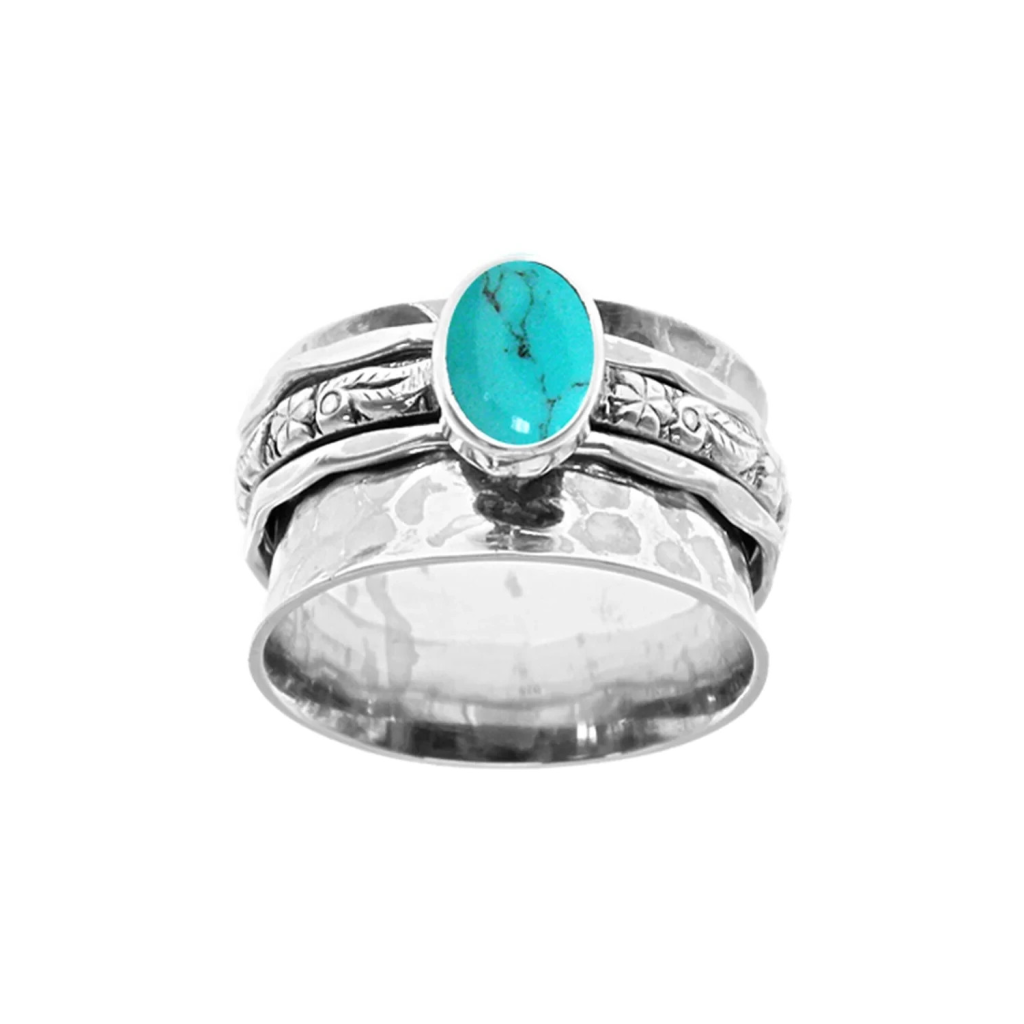 Triple Floral Turquoise Spinner Ring Sterling Silver 925 Hallmarked Size K - T